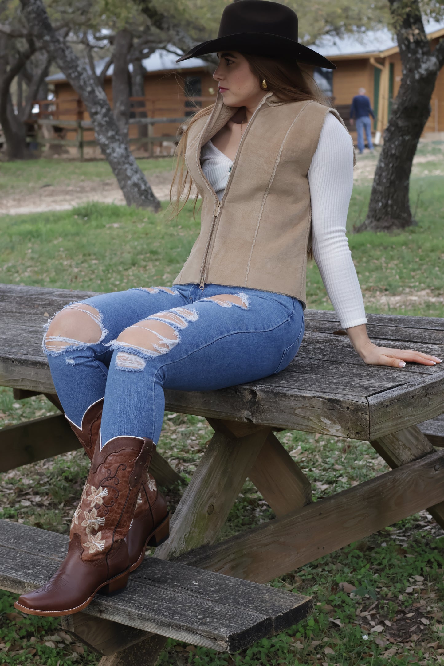 Flowers Square Cowgirl Boots Brown color