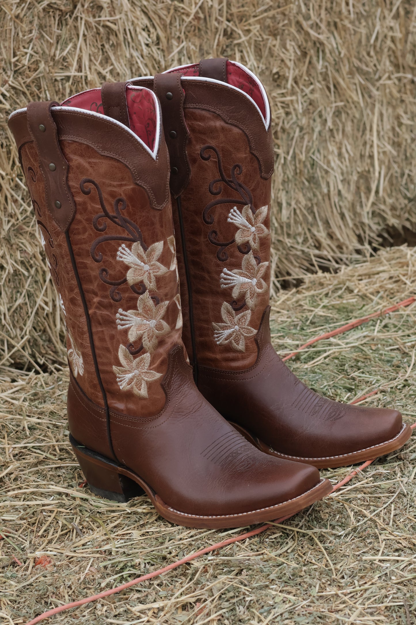 Flowers Square Cowgirl Boots Brown color