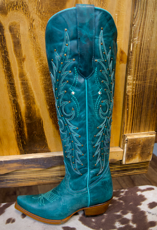 Wide Calf Tall Cowgirl boots Turquesa color